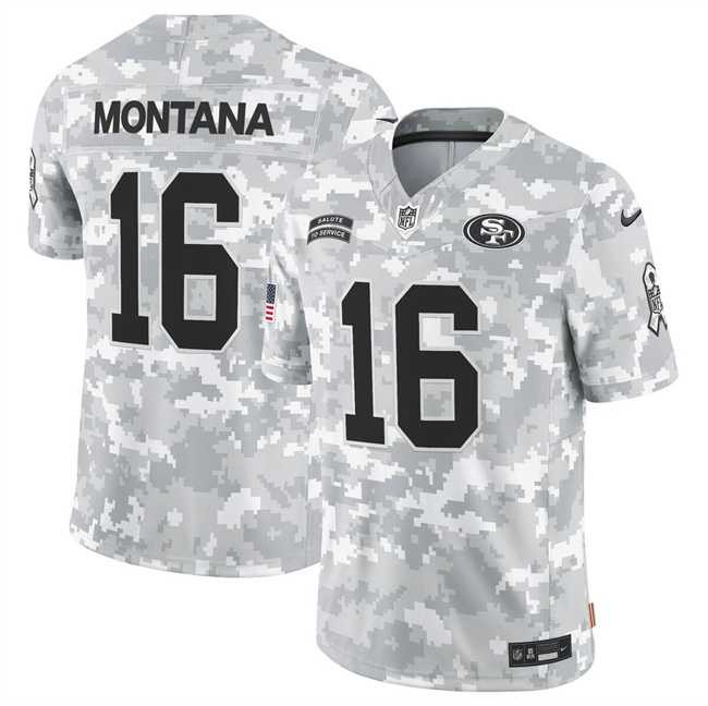 Mens San Francisco 49ers #16 Joe Montana 2024 F.U.S.E Arctic Camo Salute To Service Limited Stitched Jersey Dyin